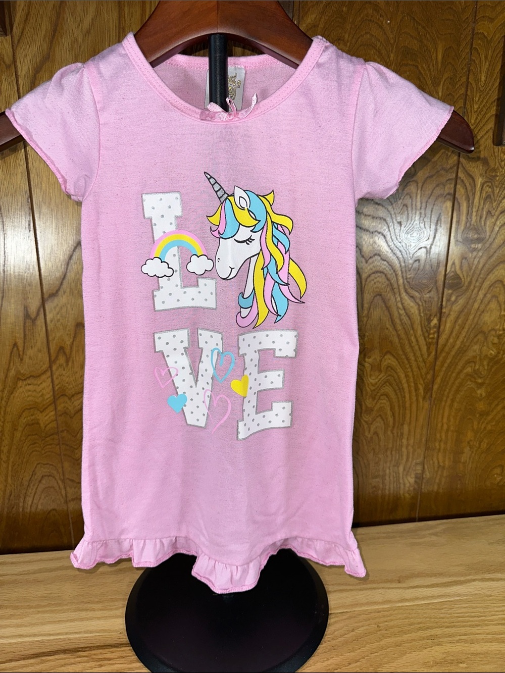 🎉Girls Pink Unicorn 'LOVE' Nightgown - Short Sleeve Cozy Sleep Dress. D410